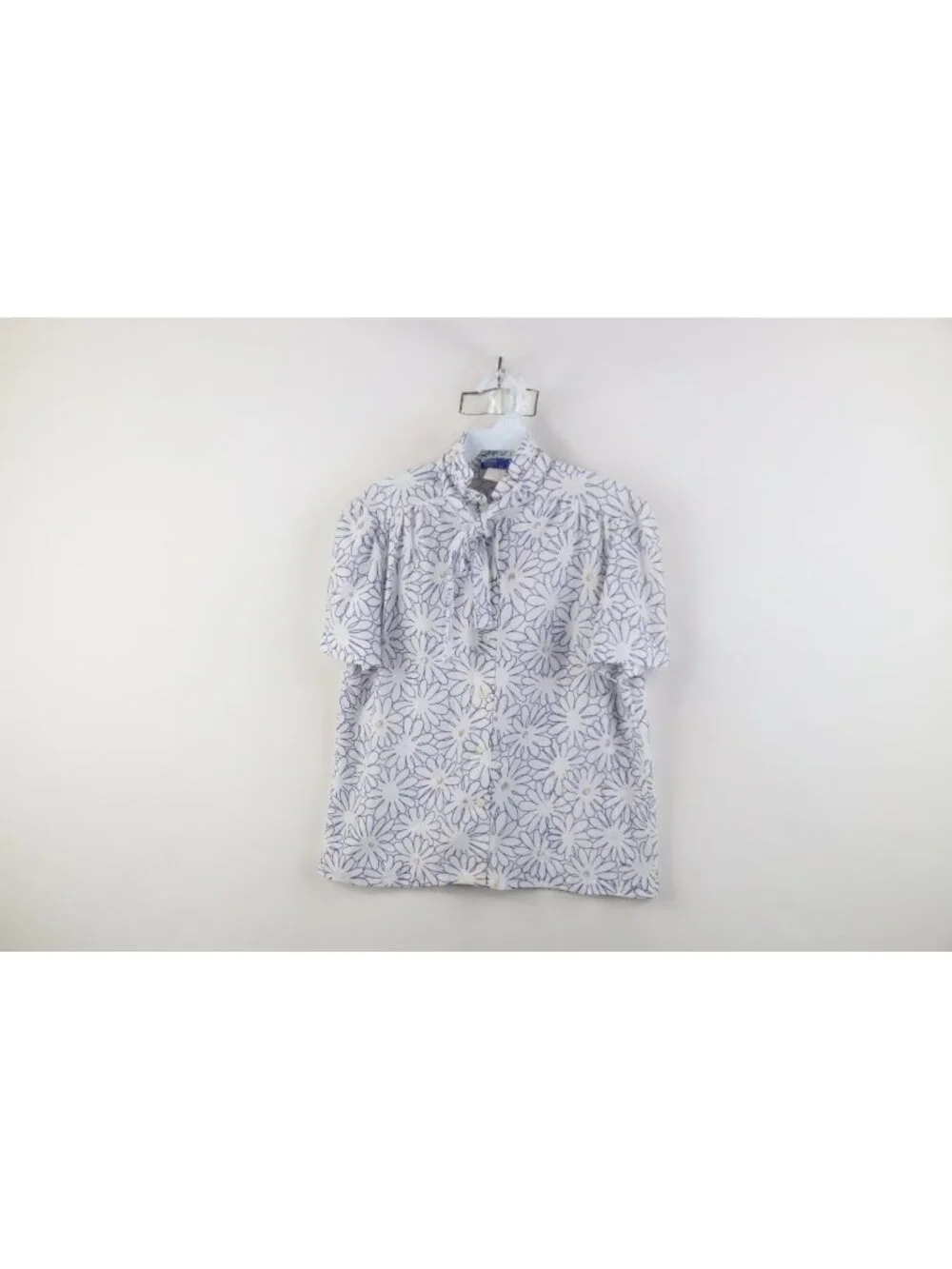 Vtg 70s Mid Century Modern MCM Womens L Flower Pussybow Knit Button Shirt USA